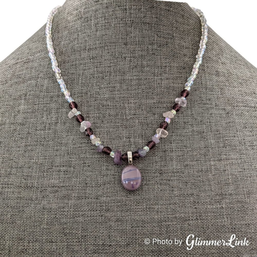 Amethyst Quartz Aurora Borealis Art Glass Pendant Necklace